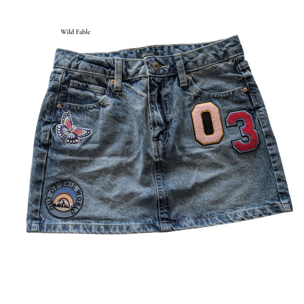 Wild Fable Denim Mini Skirt Size 0 Blue Embroidered Patch Y2K Festival